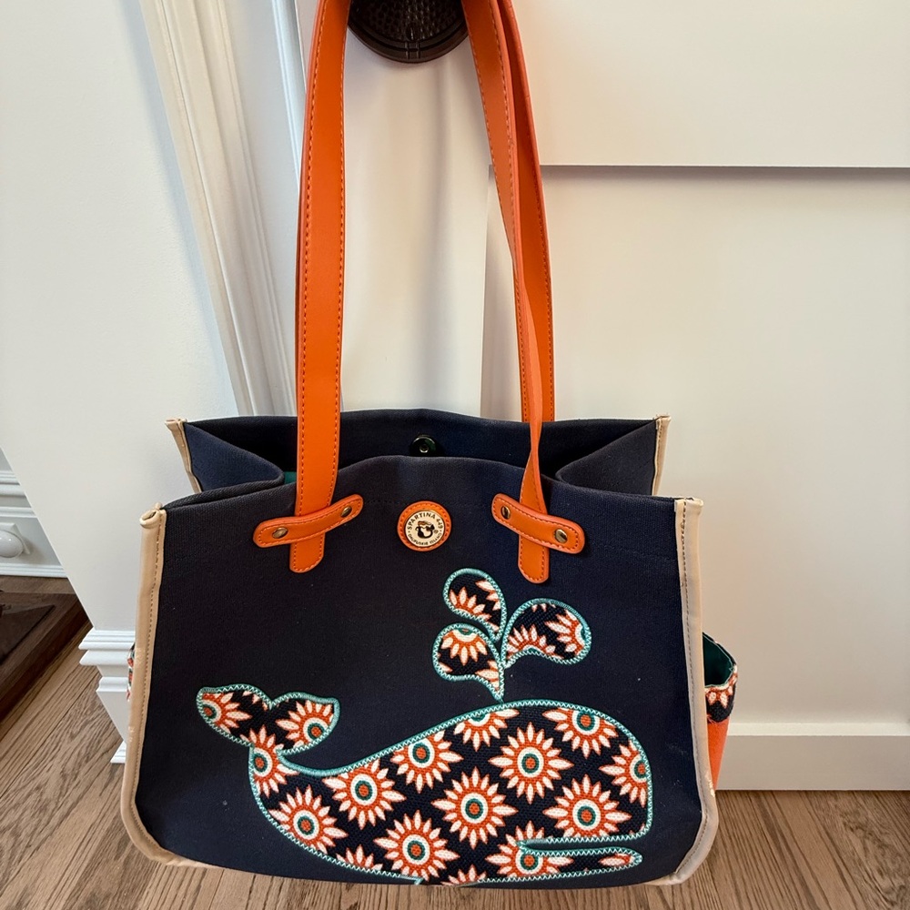 Spartina 449 Navy Canvas Tote with Orange Handles and Cream Trim